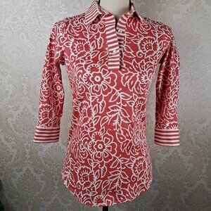 Gretchen Scott Designs Size Small Coral and White Collared Shirt 3/4 Sleeves
